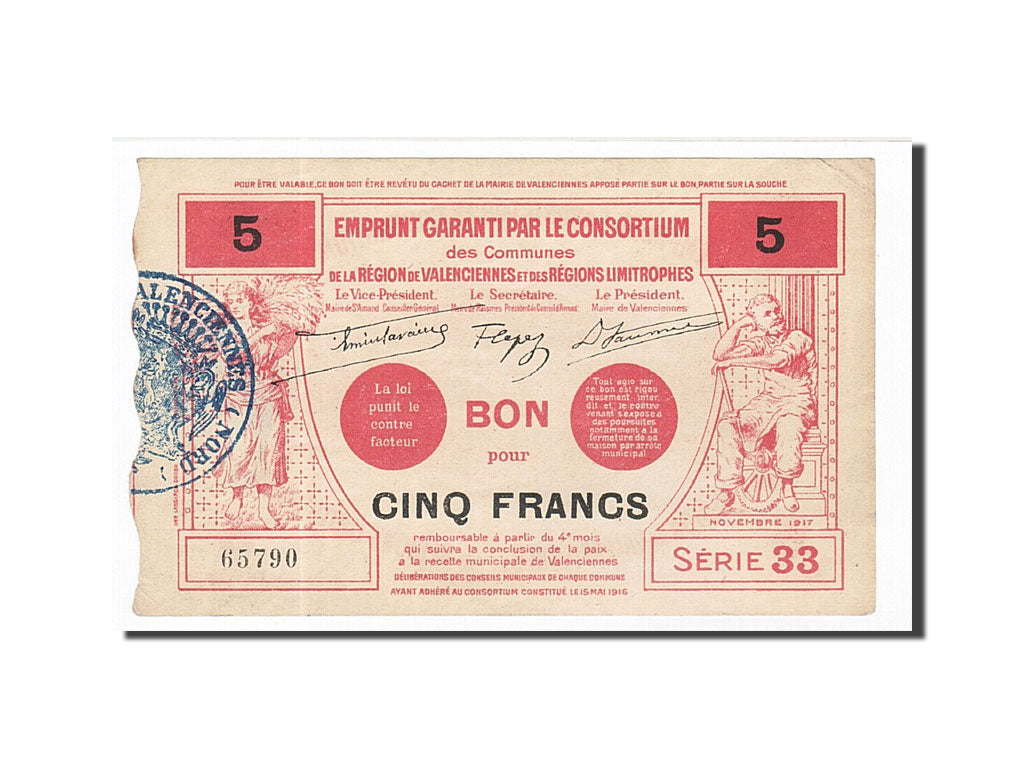 Billete, 5 Francs, Pirot:59-2585, 1917, Francia, MBC+, Valenciennes