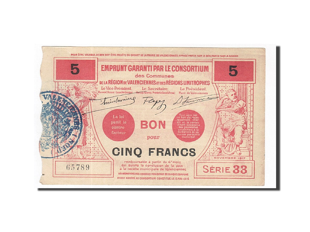 Biljet, Pirot:59-2585, 5 Francs, 1917, Frankrijk, TTB+, Valenciennes