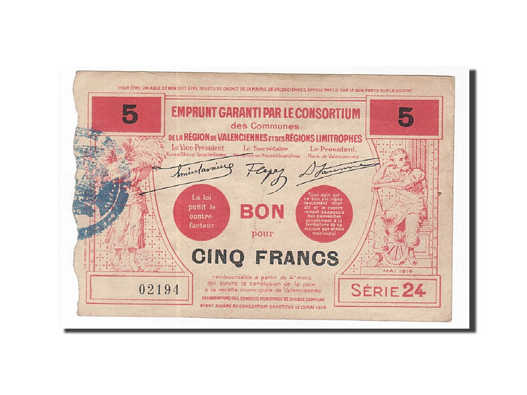 Banknote, Pirot:59-2568, 5 Francs, 1916, France, EF(40-45), Valenciennes