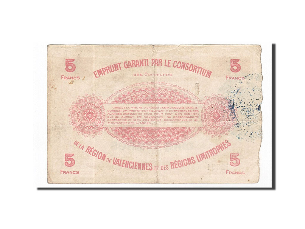 Banconote, Pirot:59-2568, BB, Valenciennes, 5 Francs, 1916, Francia