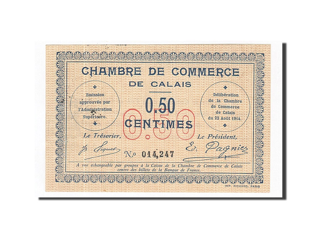 Banconote, Pirot:36-1, SPL-, Calais, 50 Centimes, 1914, Francia