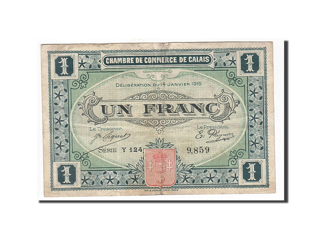 France, Calais, 1 Franc, 1916, EF(40-45), Pirot:36-25
