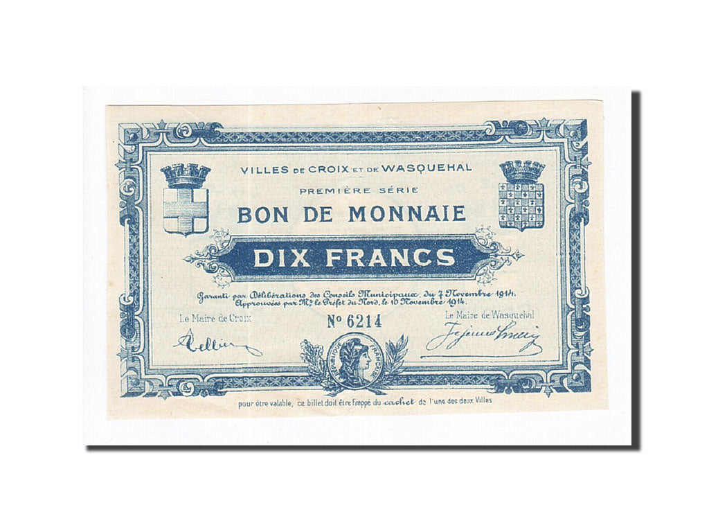 Banknot, Francja, Croix et Wasquehal, 10 Francs, 1914, UNC(60-62), Pirot:59-614