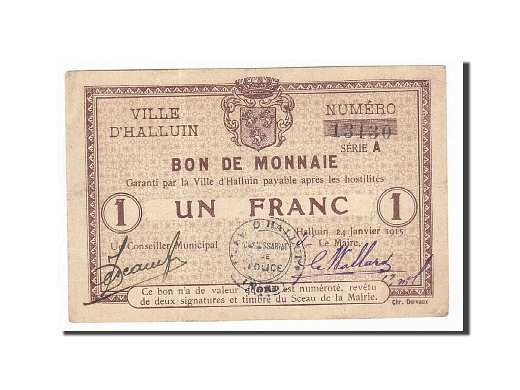 Banknote, Pirot:59-1257, 1 Franc, 1915, France, AU(50-53), Halluin