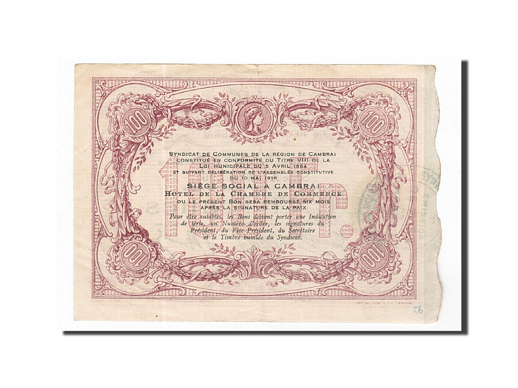 France, Cambrai, 100 Francs, 1916, AU(55-58), Pirot:59-473