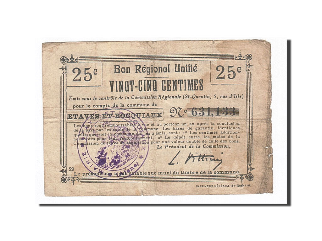 Billet, France, Etaves-et-Bocquiaux, 25 Centimes, TB, Pirot:02-732