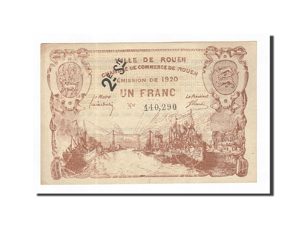 Banknote, Pirot:110-55, 1 Franc, 1920, France, AU(55-58), Rouen