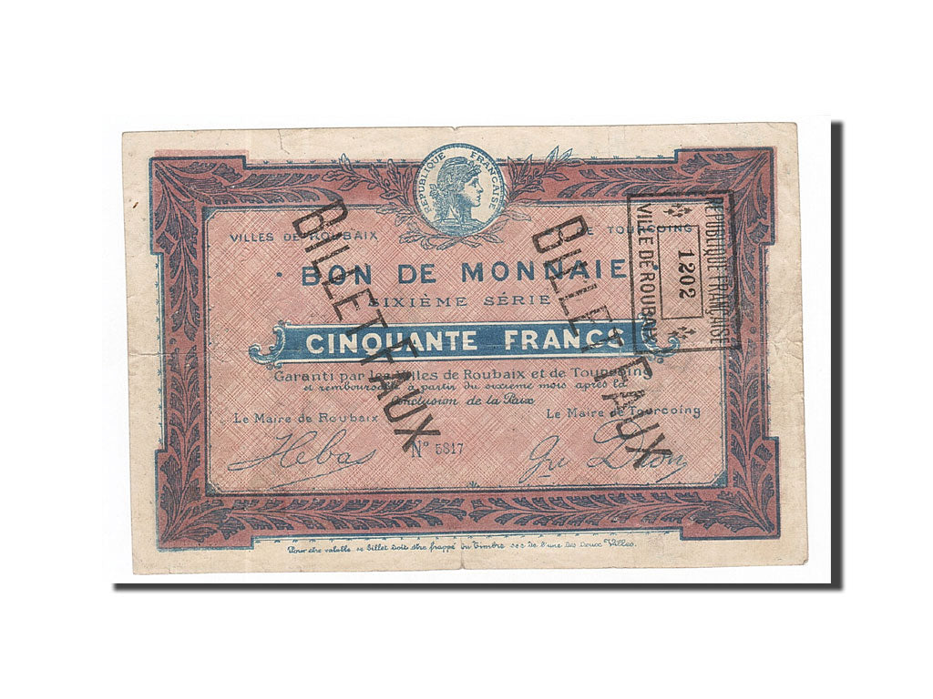 France, Roubaix et Tourcoing, 50 Francs, EF(40-45), Faux, Pirot:59-2084