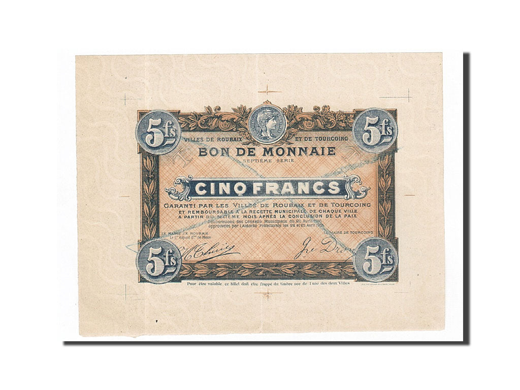 Billet, France, Roubaix et Tourcoing, 5 Francs, 1916, SUP+, Pirot:59-2087