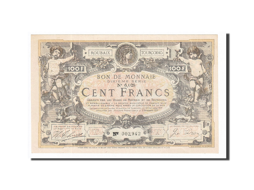 Banconote, Pirot:59-2173, FDS, Roubaix et Tourcoing, 100 Francs, 1917, Francia
