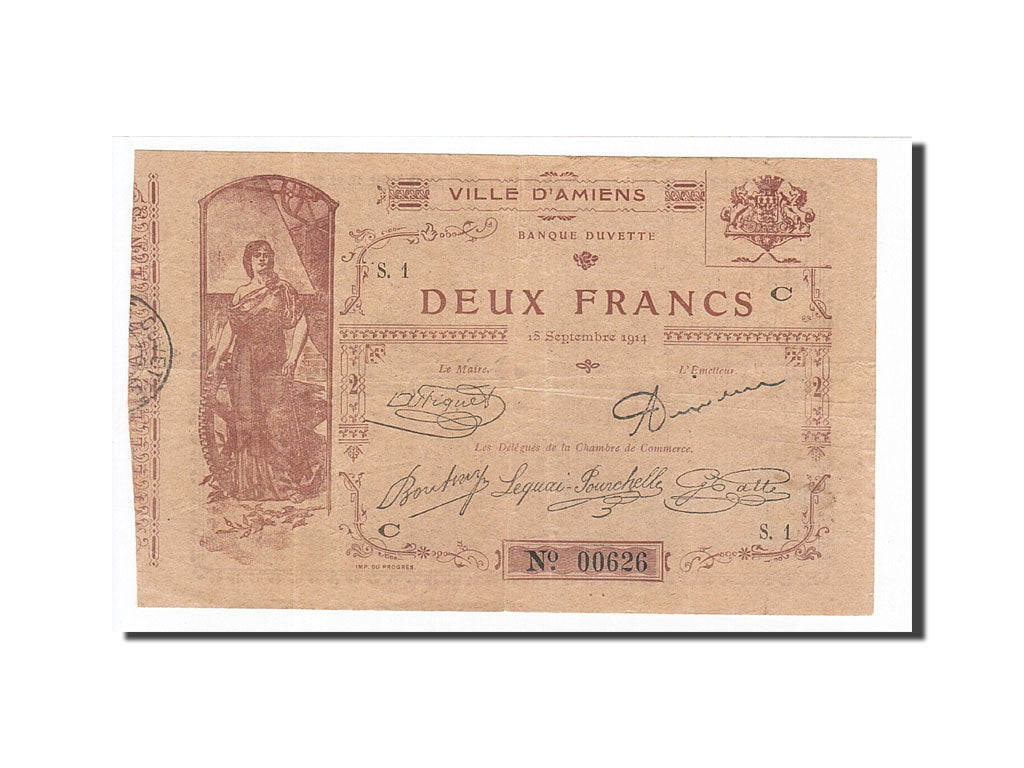 Banconote, Pirot:80-03, BB, Amiens, 2 Francs, 1914, Francia
