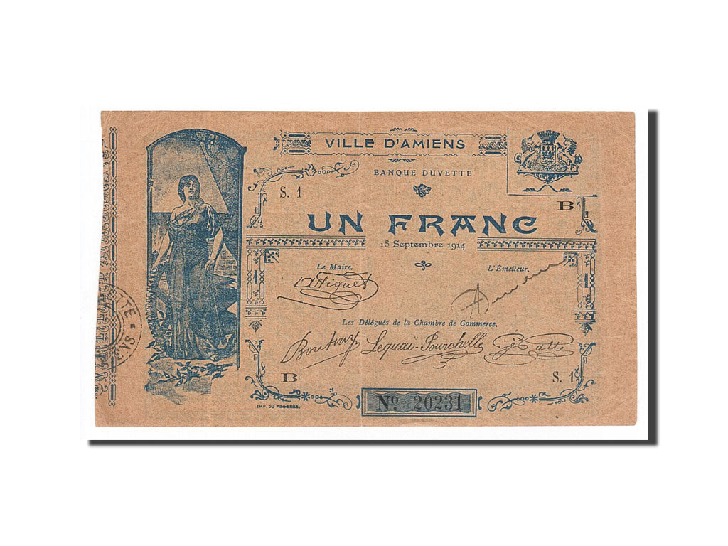Banknote, Pirot:80-02, 1 Franc, 1914, France, AU(55-58), Amiens