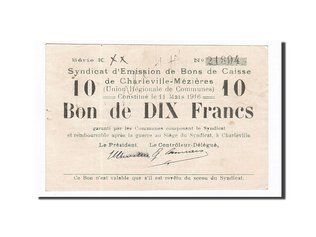 Billet, France, Charleville-Mézières, 10 Francs, 1916, TTB, Pirot:08-92