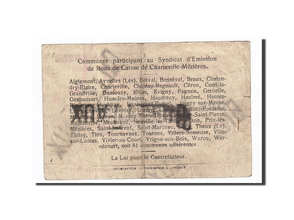 France, Charleville-Mézières, 5 Francs, 1916, TB, FAUX, Pirot:08-91