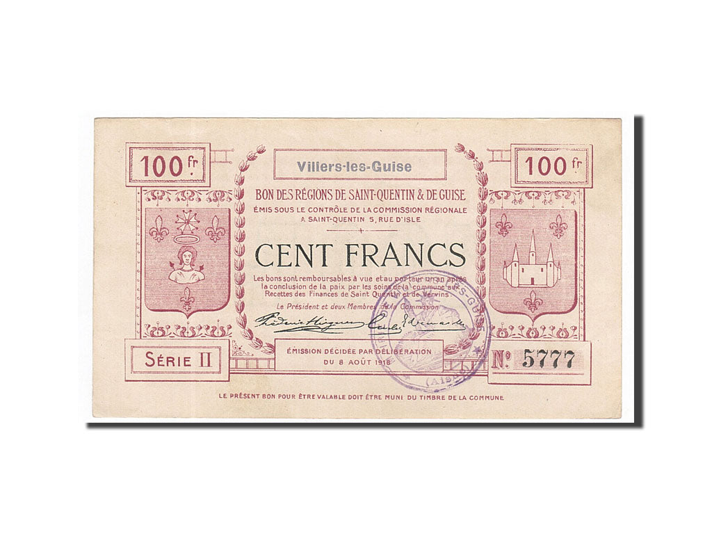 France, Villers-les-Guise, 100 Francs, 1916, AU(55-58), Pirot:02-2423