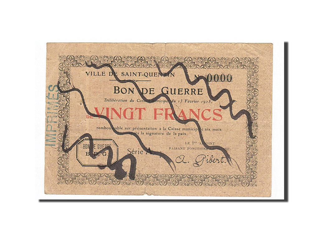 Banknote, Pirot:02-2055, 20 Francs, 1915, France, VF(30-35), Saint-Quentin