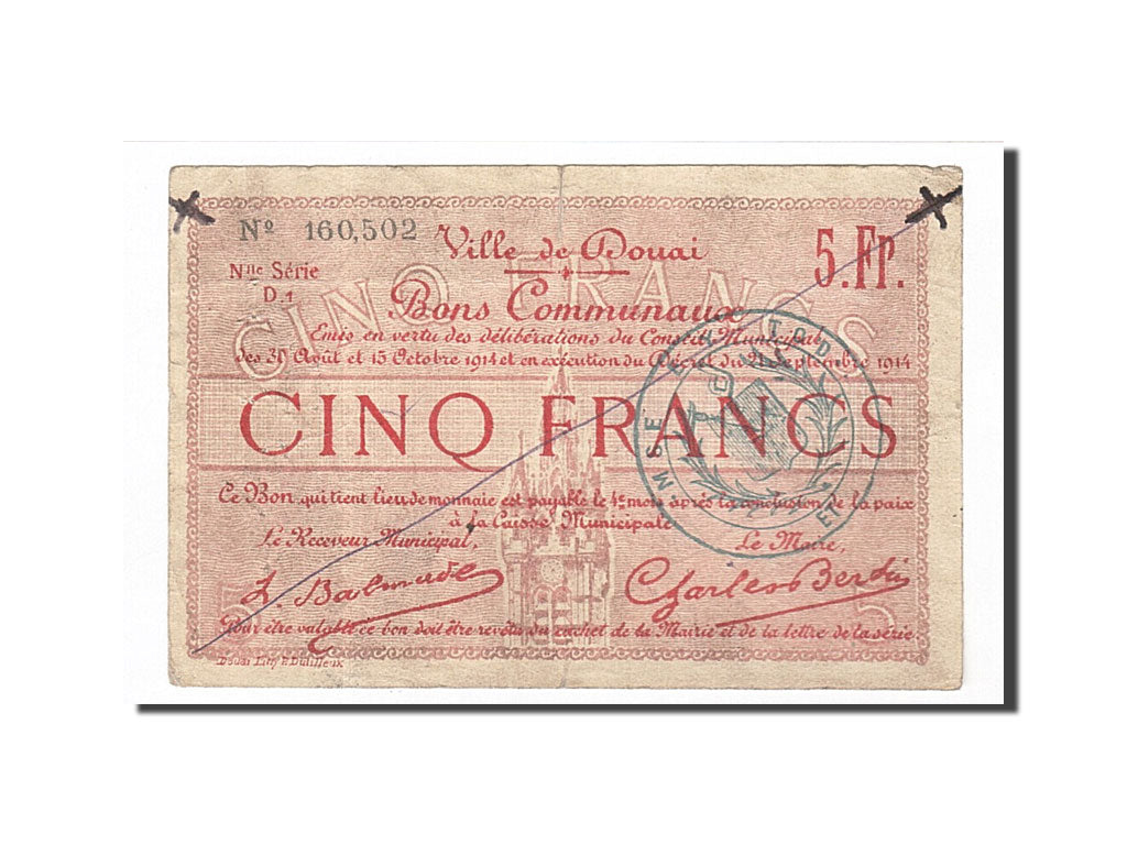 France, Douai, 5 Francs, 1914, VF(20-25), Pirot:59-732