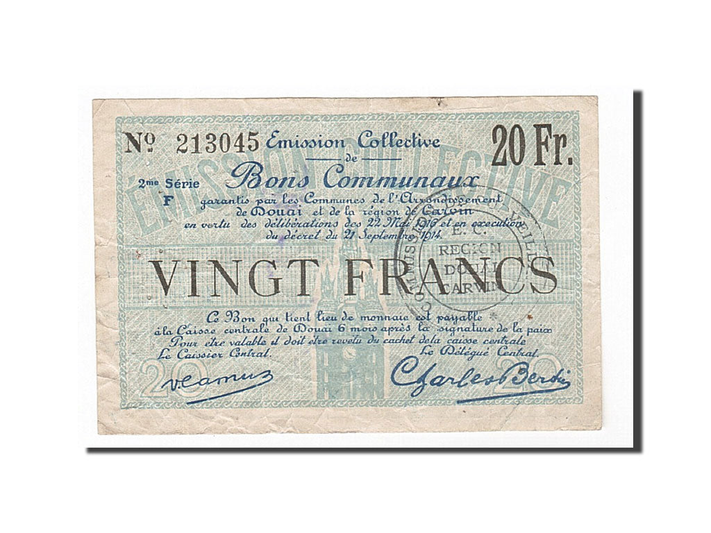 Banknote, Pirot:59-760, 20 Francs, 1916, France, EF(40-45), Douai