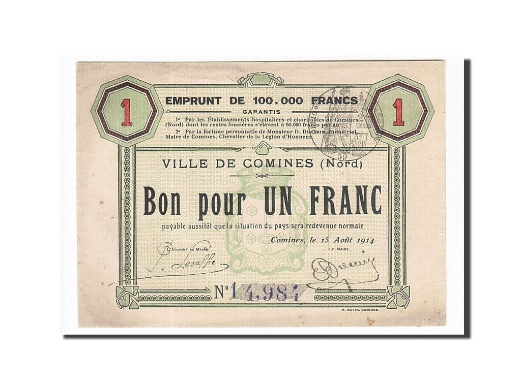 Billet, France, Comines, 1 Franc, 1914, SUP, Pirot:59-530