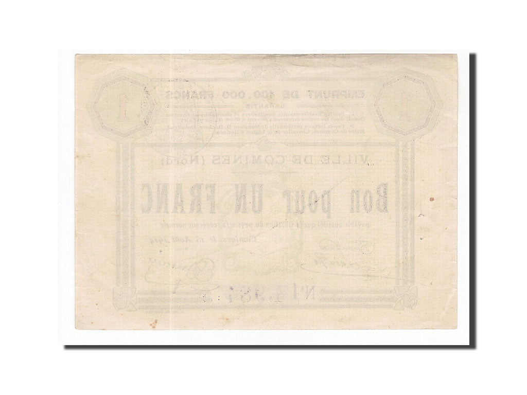 Billet, France, Comines, 1 Franc, 1914, SUP, Pirot:59-530