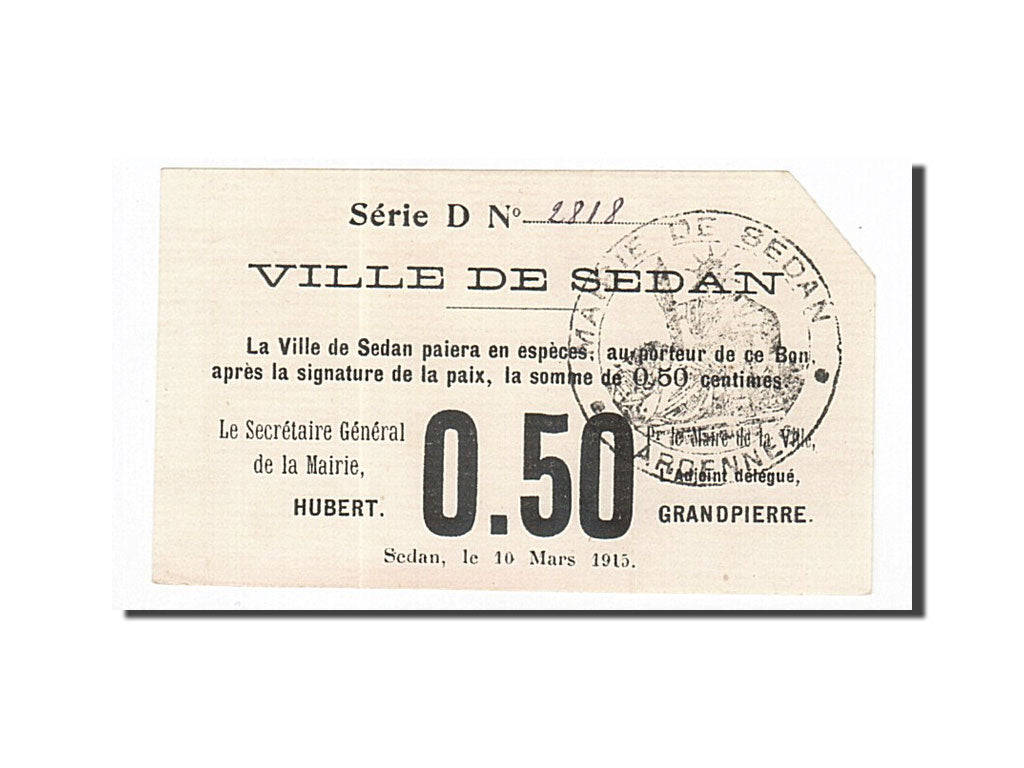 Banconote, Pirot:08-260, SPL, Sedan, 50 Centimes, 1915, Francia