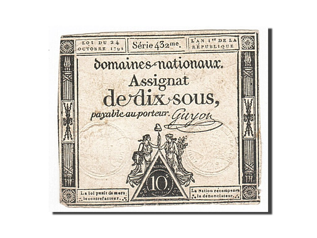 Banknote, France, 10 Sous, 1792, Guyon, 1792-10-24, VF(30-35), KM:A64a