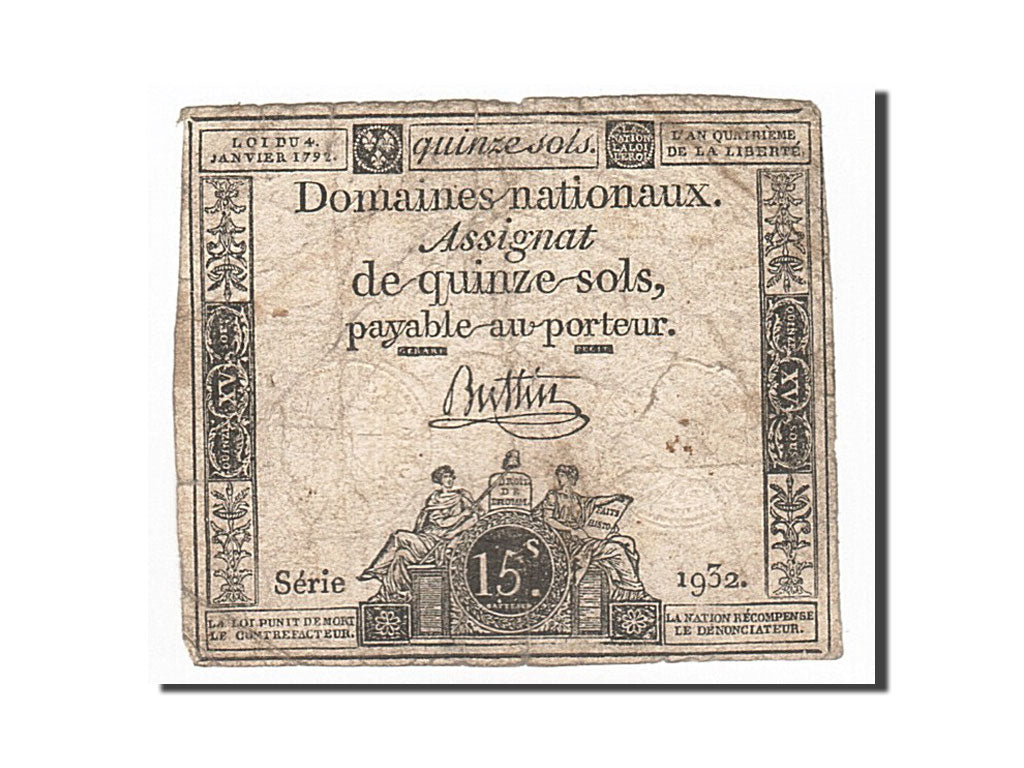 Billet, France, 15 Sols, 1792, 1792-01-04, Buttin, TB, KM:A54, Lafaurie:149