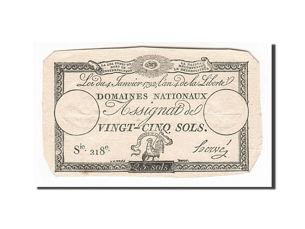 Billete, Francia, 25 Sols, 1792, Hervé, 1792-01-04, MBC+, KM:A55, Lafaurie:150