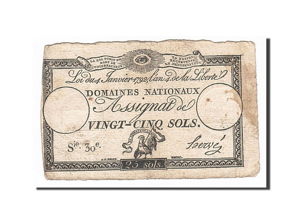 Banknote, France, 25 Sols, 1792, Hervé, 1792-01-04, VF(30-35), KM:A55