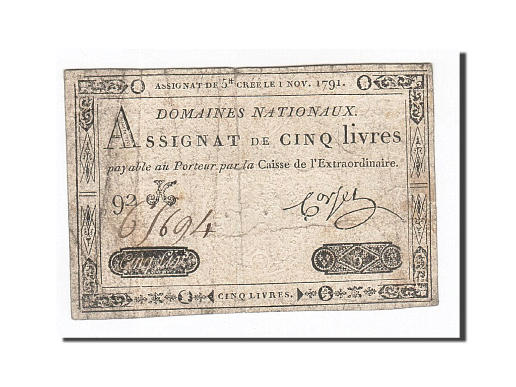France, 5 Livres, 1791, Corset, KM:A50, 1791-11-01, VF(20-25), Lafaurie:145