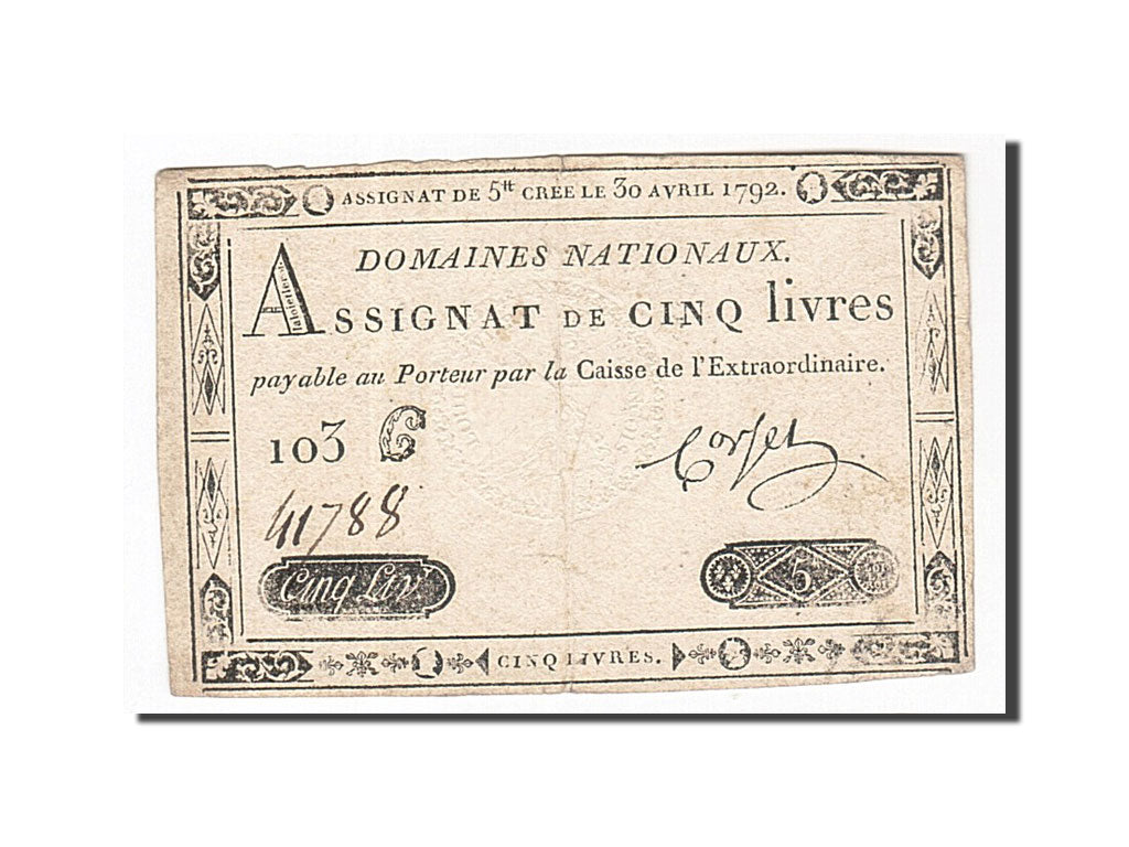 Francia, 5 Livres, 1792, Corset, KM:A57, 1792-04-30, BC+, Lafaurie:152