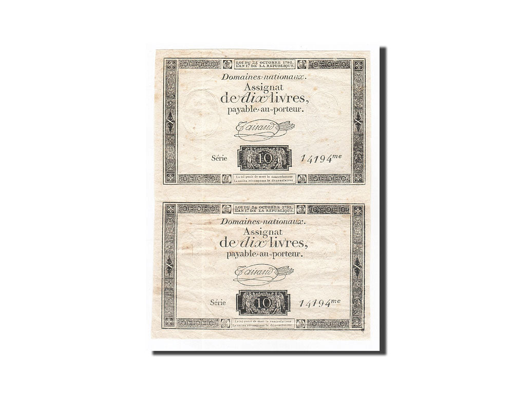 Geldschein, Frankreich, 10 Livres, 1792, Taisaud, 1792-10-24, SS, KM:A66b