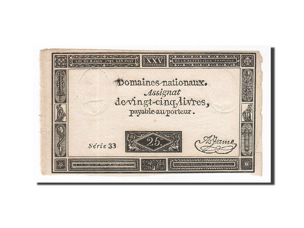 France, 25 Livres, FAUX, A.Jame, KM:A71, 1793-06-06, AU(50-53), Lafaurie:168
