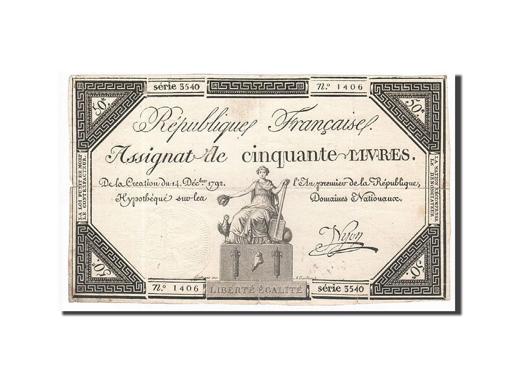 France, 50 Livres, 1792, Nyon, KM:A72, 1792-12-14, VF(30-35), Lafaurie:164