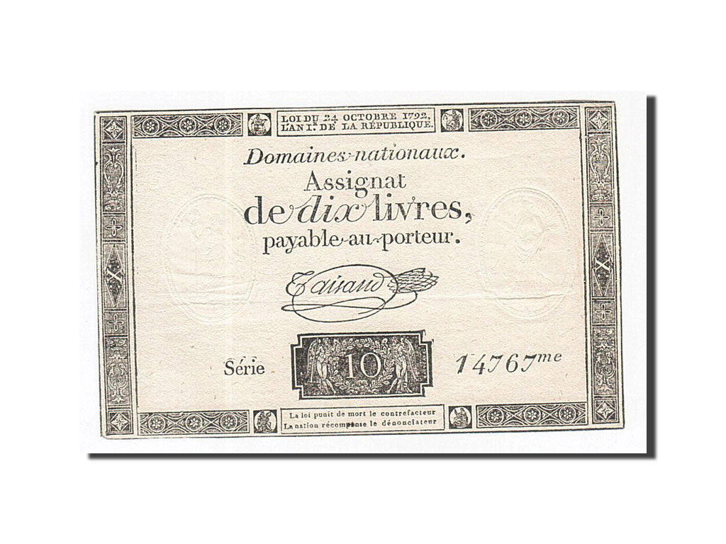 Banknot, Francja, 10 Livres, 1792, Taisaud, 1792-10-24, AU(55-58), KM:A66b