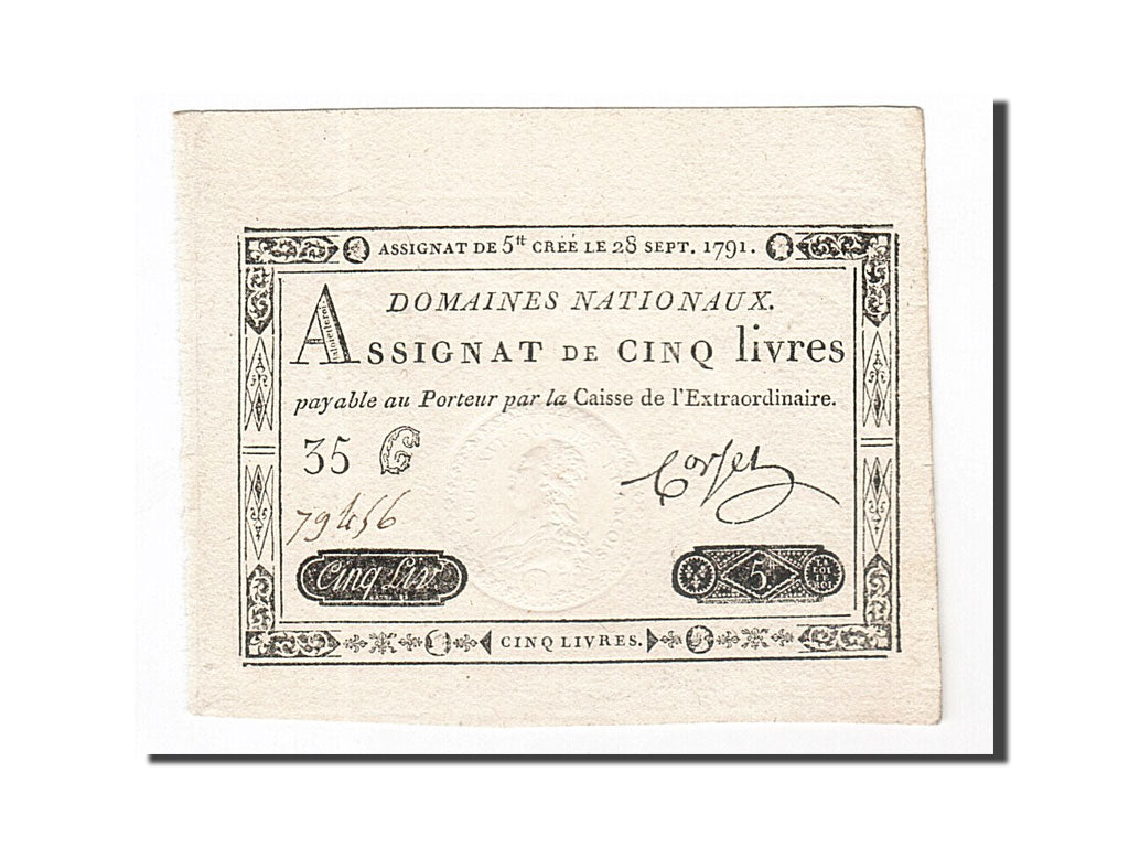Banconote, Francia, 5 Livres, 1791, Corset, 1791-09-28, SPL, KM:A49