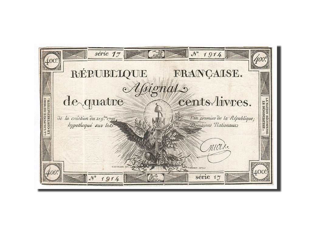 Banknote, France, 400 Livres, 1792, 1792-11-21, AU(50-53), KM:A73, Lafaurie:163