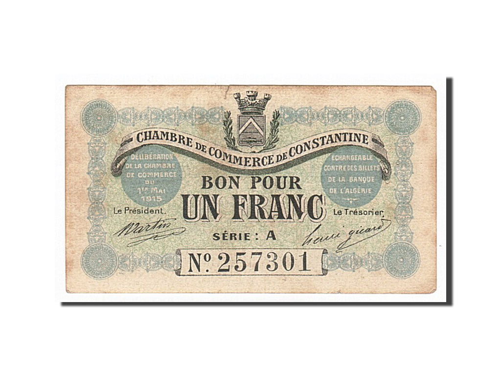 Algeria, Constantine, 1 Franc, 1915-05-01, EF(40-45), Pirot 140-2