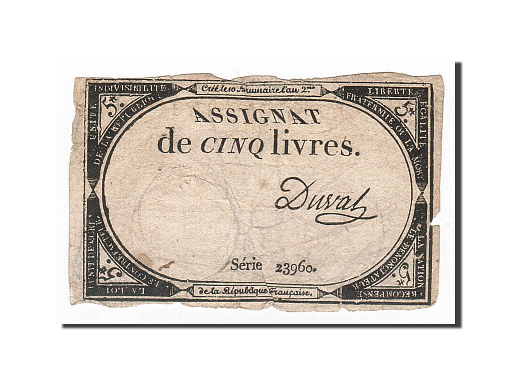 Billete, Francia, 5 Livres, 1793, Duval, 1793-10-31, BC, KM:A76, Lafaurie:171