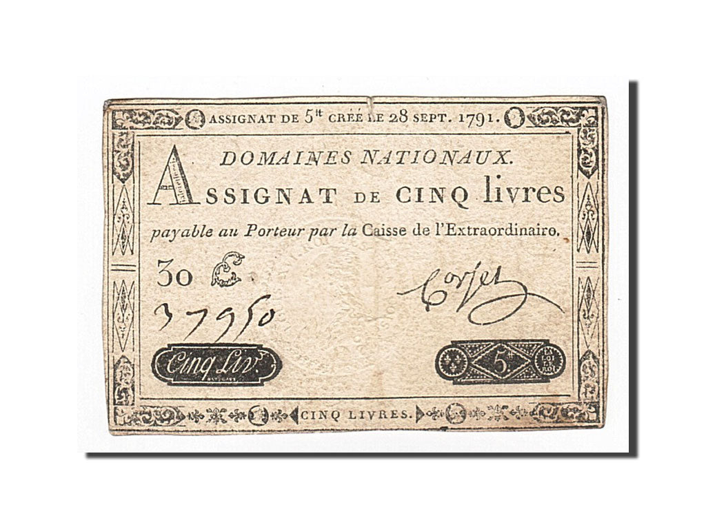Banconote, Francia, 5 Livres, 1791, Corset, 1791-09-28, MB+, KM:A49