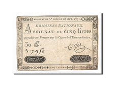 Banknot, Francja, 5 Livres, 1791, Corset, 1791-09-28, VF(30-35), KM:A49
