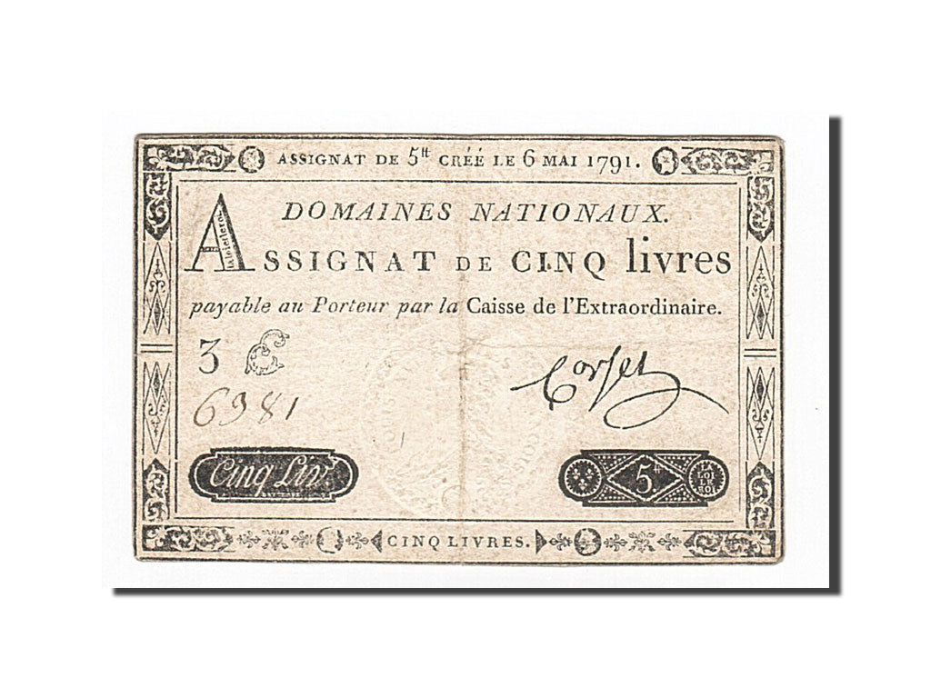 Billet, France, 5 Livres, 1791, 1791-05-06, Corset, TB+, KM:A42, Lafaurie:137