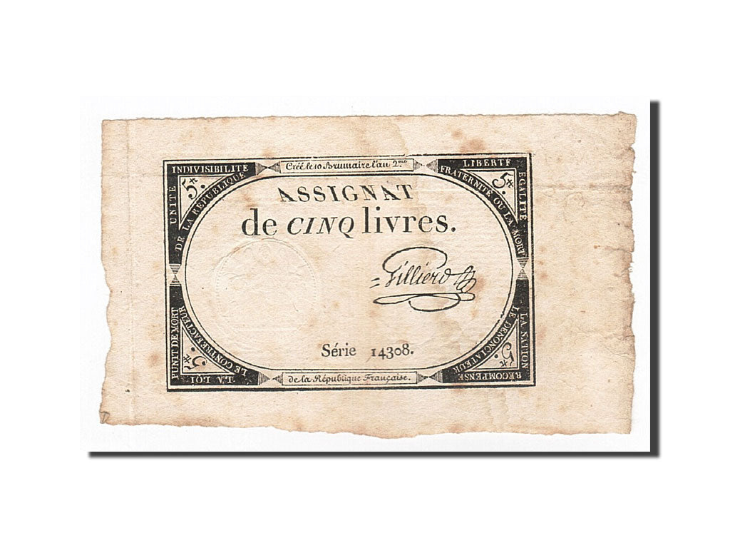 Banconote, Francia, 5 Livres, 1793, Gilliers, 1793-10-31, MB+, KM:A76