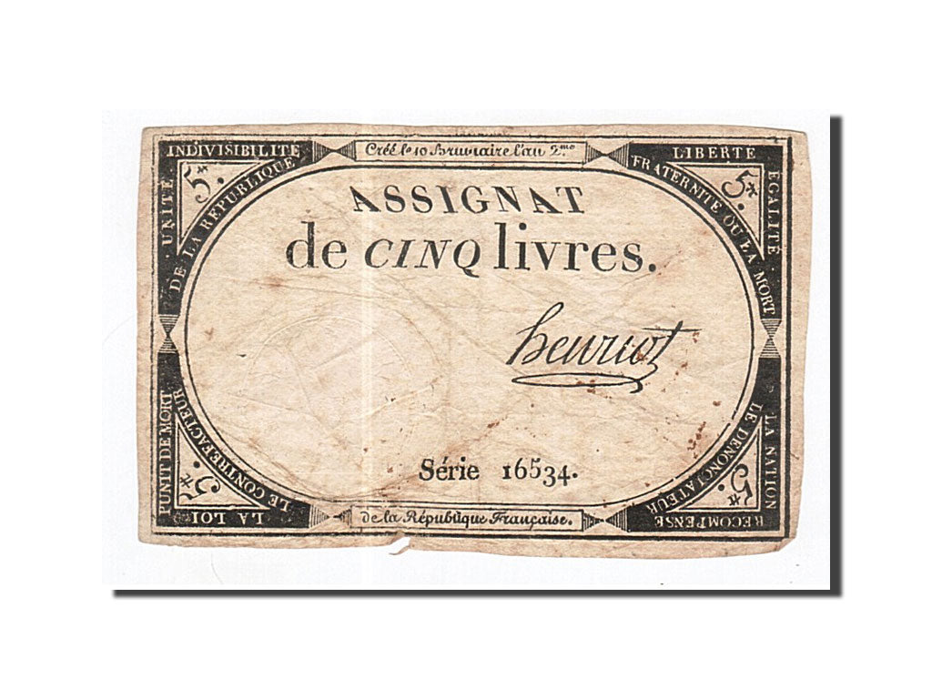 Banknote, France, 5 Livres, 1793, Henriot, 1793-10-31, VF(30-35), KM:A76