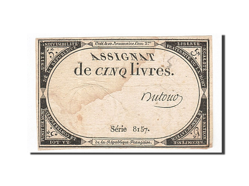Banknote, France, 5 Livres, 1793, Dutour, 1793-10-31, VF(30-35), KM:A76