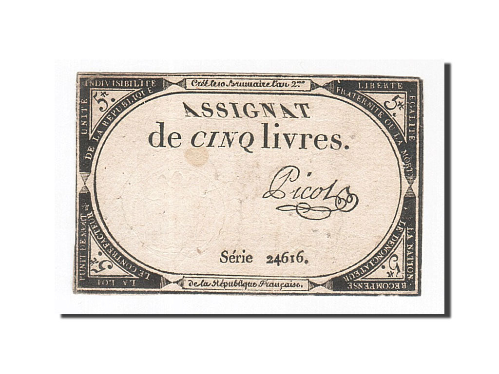 Banconote, Francia, 5 Livres, 1793, Picot, 1793-10-31, MB+, KM:A76, Lafaurie:171