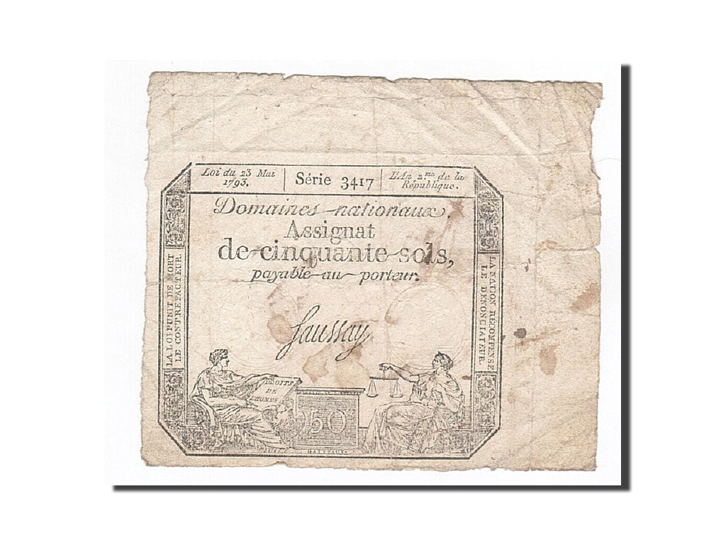 Banknote, France, 50 Sols, 1793, Saussay, 1793-05-23, VF(30-35), KM:A70b