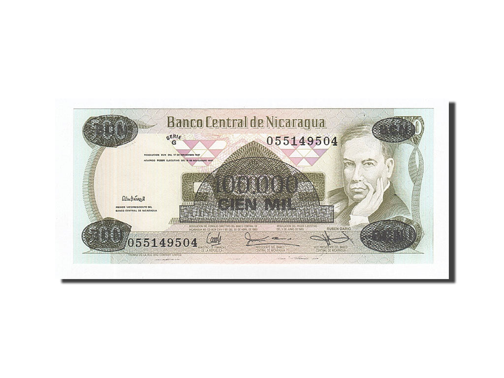 Banknote, Nicaragua, 100,000 Córdobas on 500 Córdobas, Undated (1987), 1987