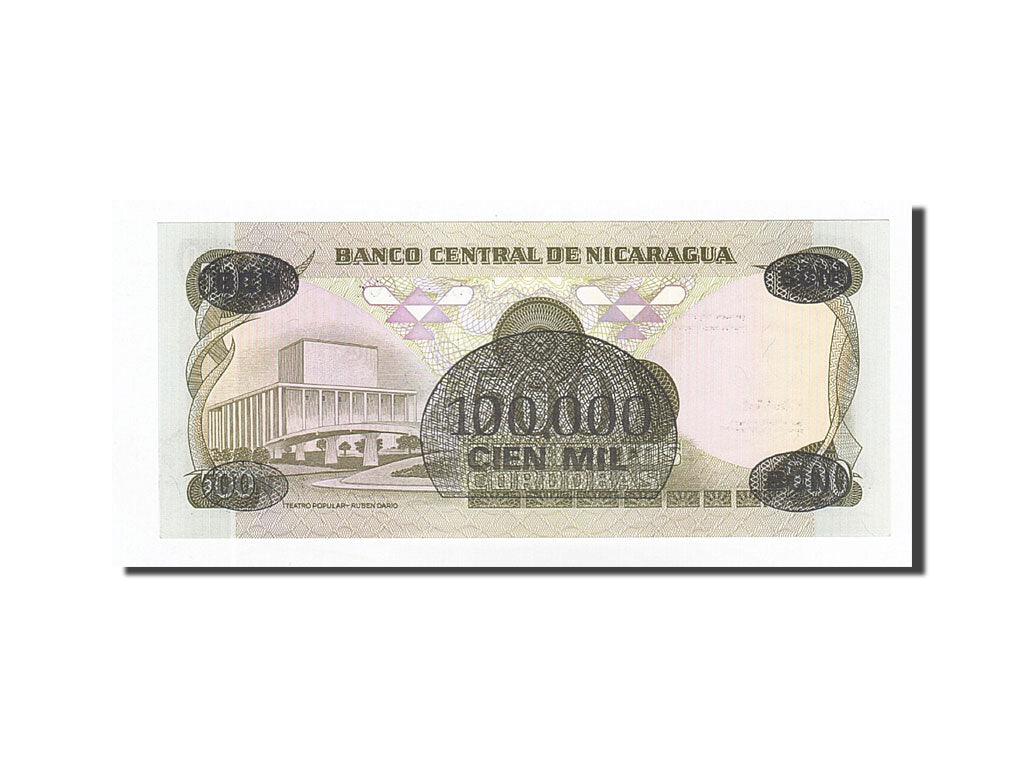 Banknote, Nicaragua, 100,000 Córdobas on 500 Córdobas, Undated (1987), 1987