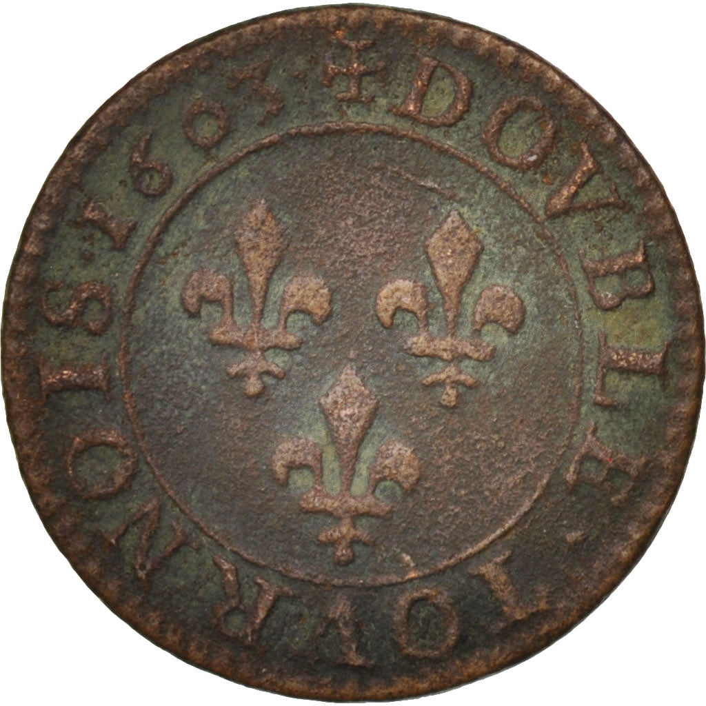 France, Henri IV, Double Tournois, 1603, Paris, VF(20-25), Copper, Sombart:4184